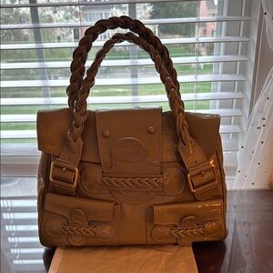 Valentino Garavani Camel Brown Braided-Handle Patent Satchel